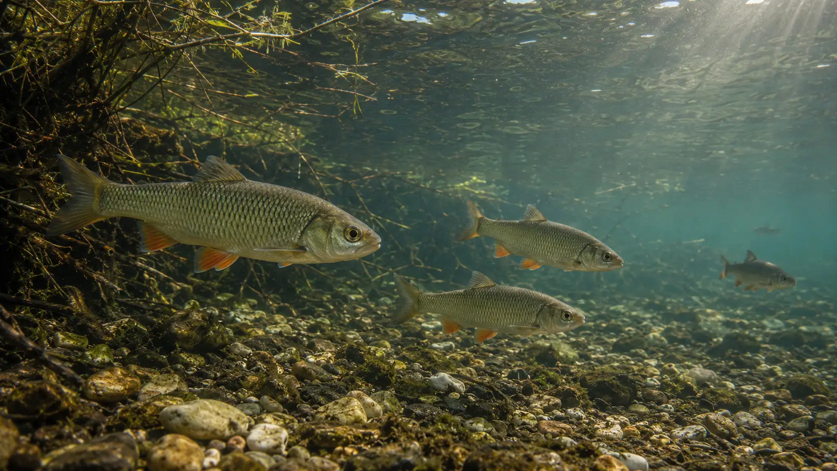 A chub holding under an overhanging tree in clear summer water