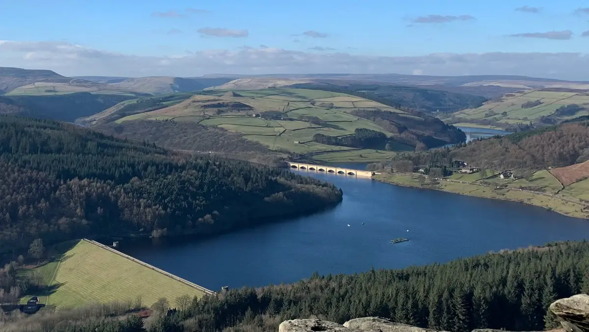 Ladybower Reservoir in the Peak District — calm water surrounded by wooded hills, Derbyshire