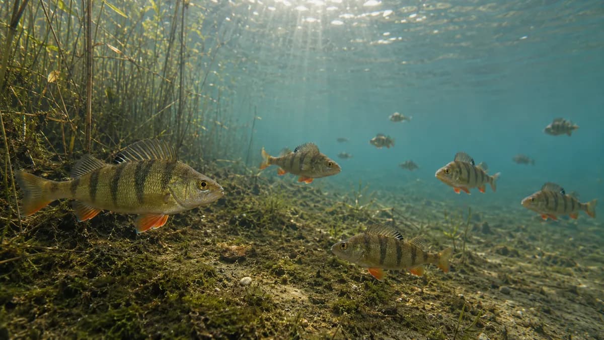 A shoal of European perch over a weedy lake bed in clear, sunlit water