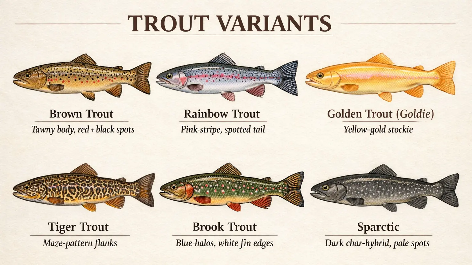Six trout variants side by side: brown trout, rainbow trout, golden trout, tiger trout, brook trout, and spartic, each labelled with a one-line identification cue