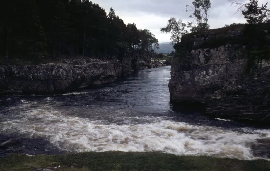 A fast-flowing river churning through a rocky gorge lined with trees near Garve, Scotland.