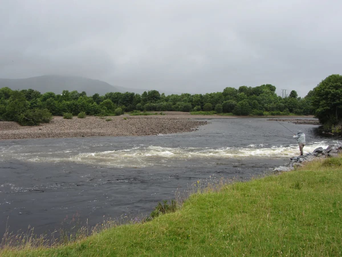 A fly angler fishing the River Lochy, a Highland salmon river near Fort William, Scotland.