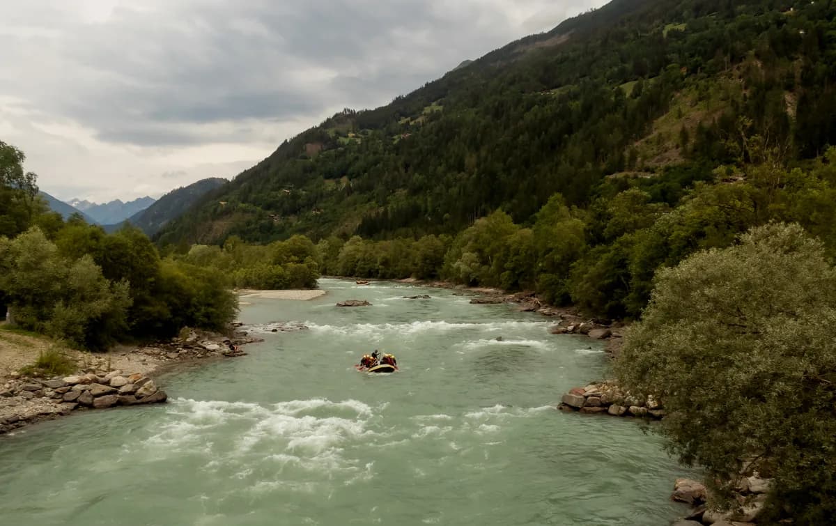 Turquoise glacial-fed Isel river flowing through a wooded valley, East Tyrol, Austria