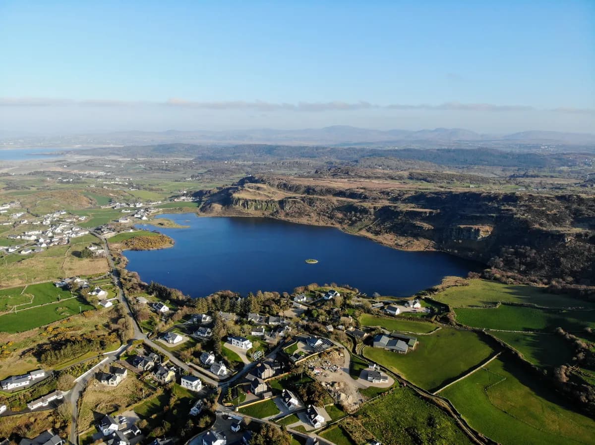 Drone photo of Sessiagh Lough, a trout lake near Dunfanaghy, County Donegal, Ireland.