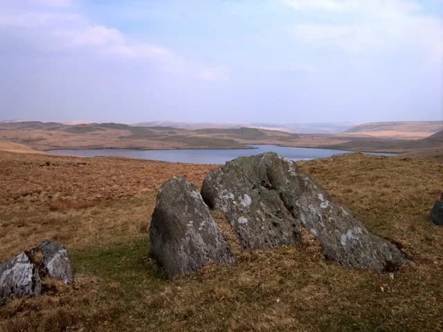 Llyn Gynon, a natural lake set in open moorland in the Cambrian Mountains, viewed from a rocky outcrop above the shore.