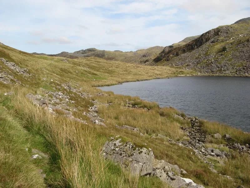 Upland lake (Llyn Manod) with dark still water, rocky grass banks, and hills in the distance, Snowdonia.