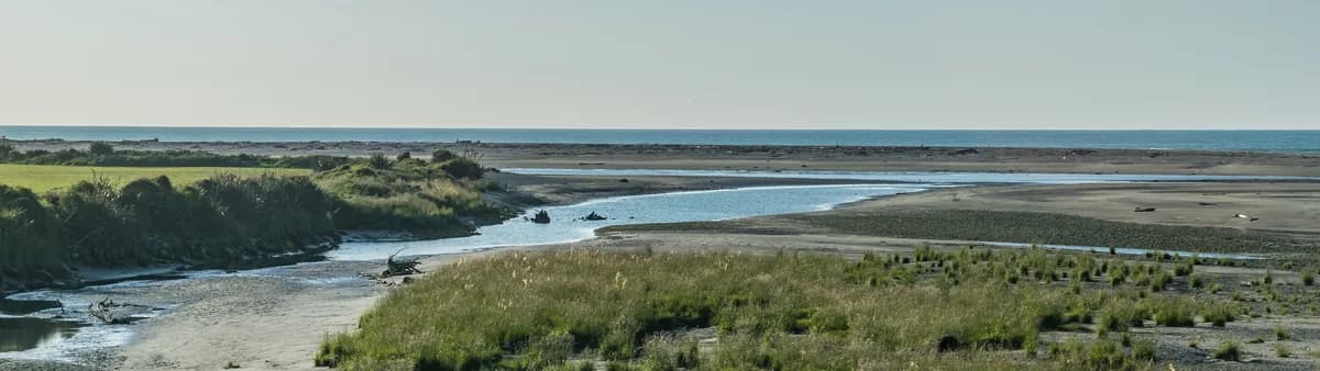 The Hokitika River mouth flowing into the Tasman Sea on New Zealand's West Coast