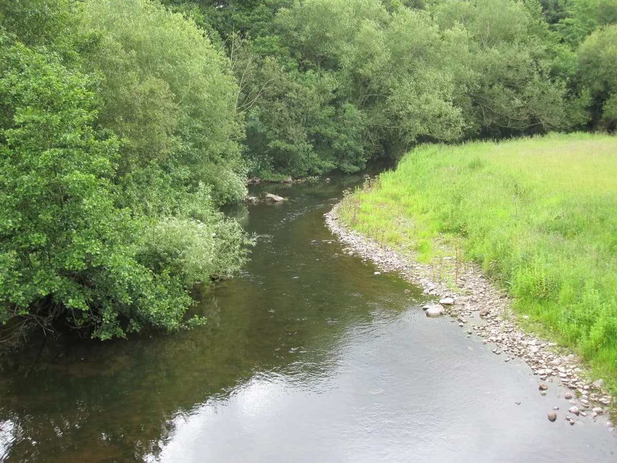 The Afon Llynfi river near Pontithel in Powys, Wales, flanked by trees and fields.