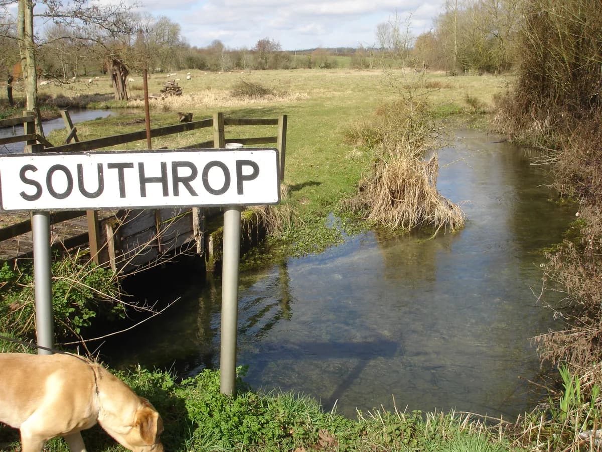 The River Leach, a small Cotswold chalk stream, flowing past grassy banks near Southrop, Gloucestershire.