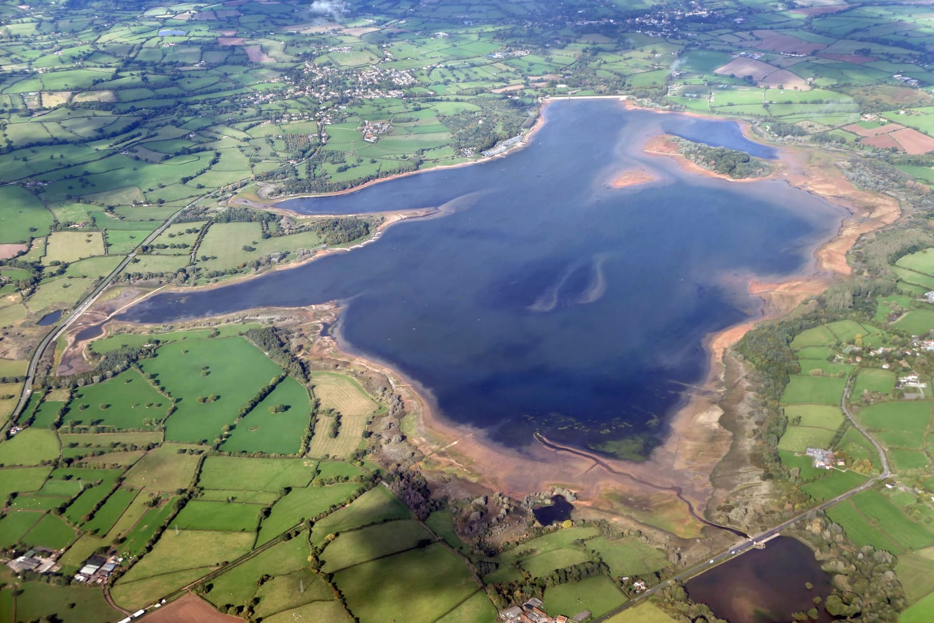 Aerial view of Chew Valley Lake, Somerset, showing the full expanse of the reservoir.
