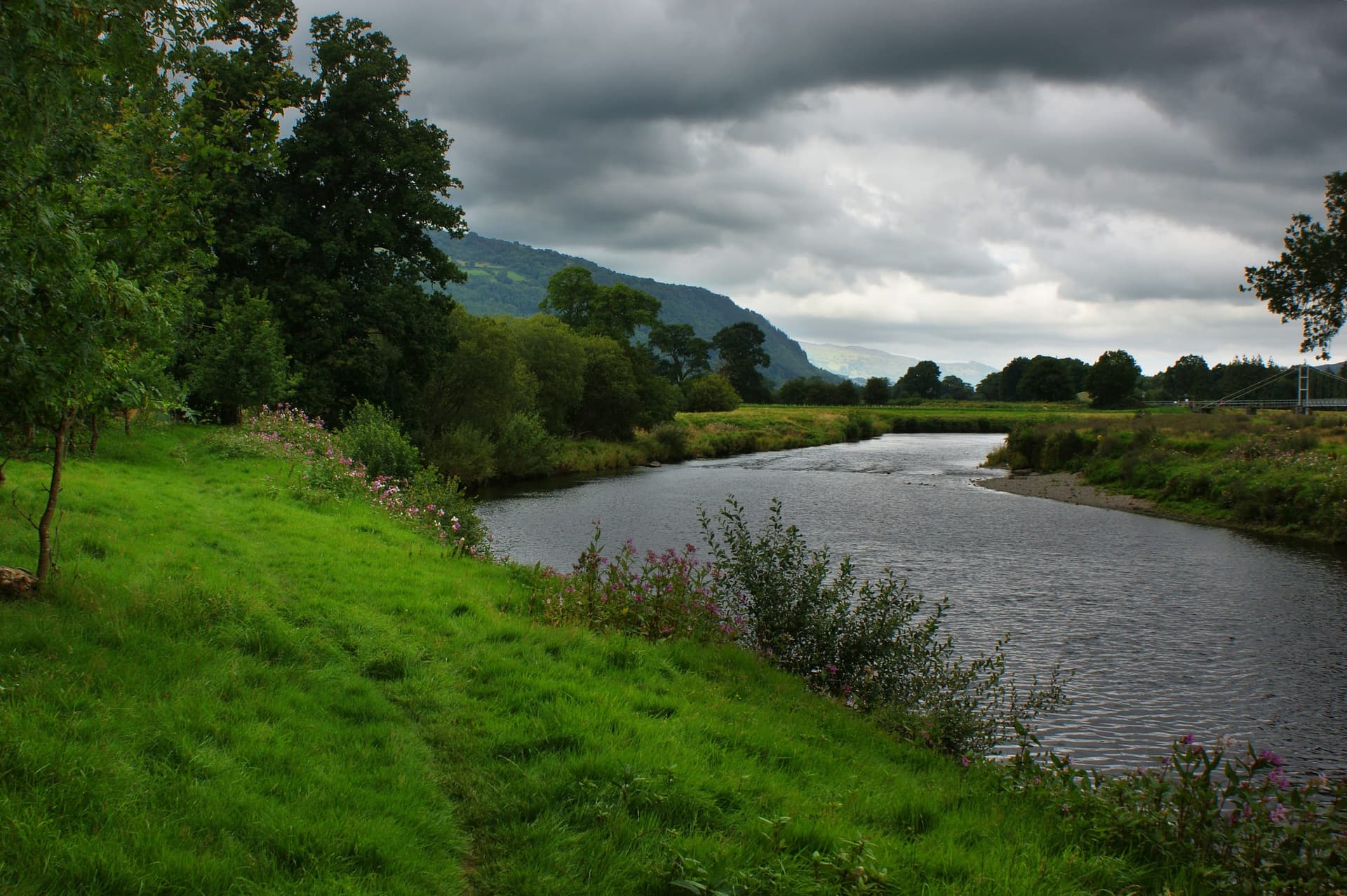 The Afon Conwy flowing through its broad valley near Betws-y-Coed in summer.