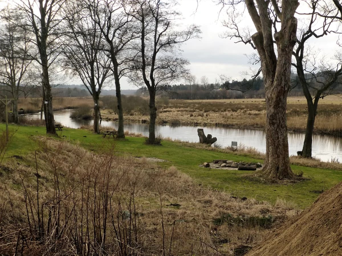 The Gudenå river winding through a grassy meadow near Resenbro, Denmark, lined with bare trees