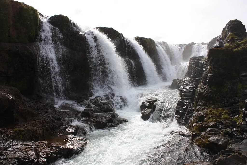 A wide multi-tiered waterfall on the Víðidalsá river crashing into a dark basalt gorge in Iceland.