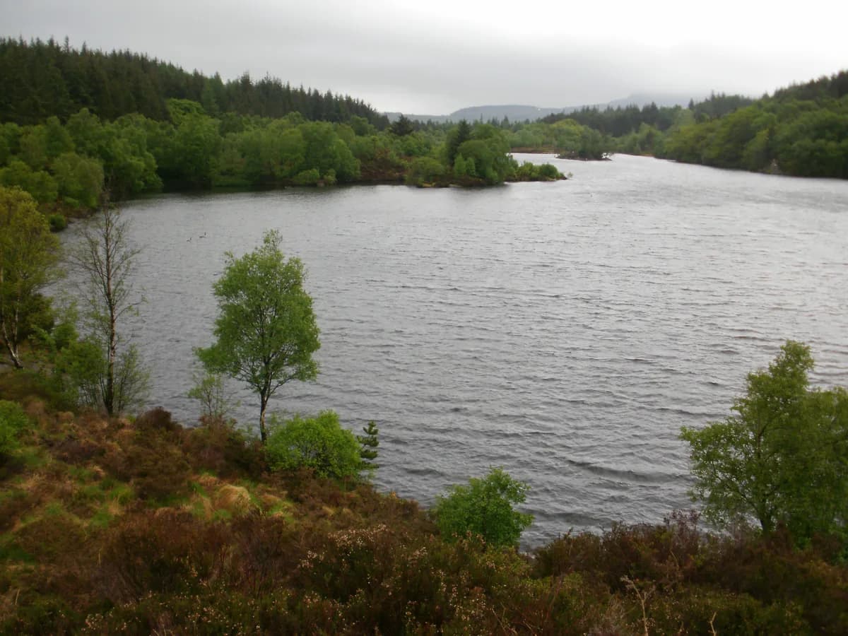 Wide view across a forest-ringed lake with wooded hills in the background, rain clouds overhead, near Betws-y-Coed.
