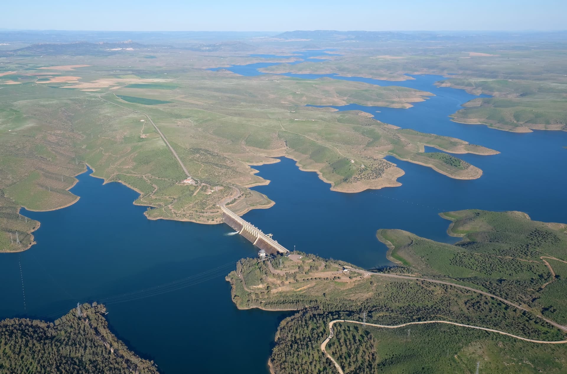The dam face of La Serena reservoir with the broad reservoir behind it, Badajoz, Extremadura.