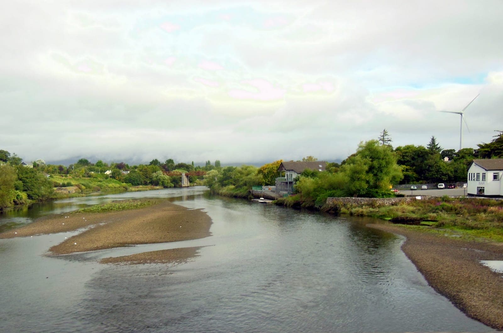 The River Laune through Killorglin with the Macgillycuddy's Reeks behind.