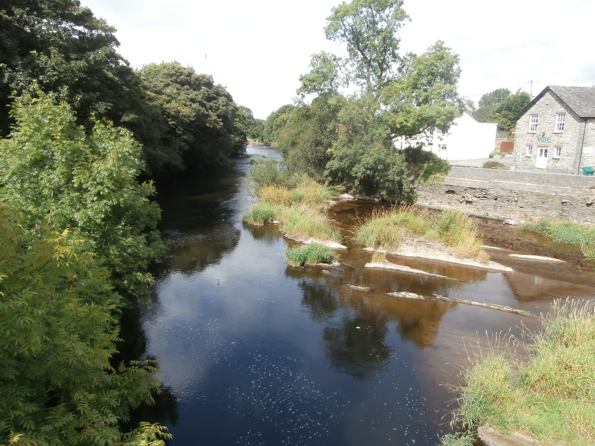 The River Teifi viewed westward from Newcastle Emlyn bridge, the green valley and tree-lined banks stretching away.